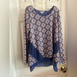 tru self shirt blouse long sleeve Women’s X-Large Boho Western Mixed Media Hi Lo